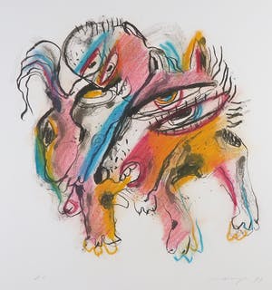 Henk Vierveijzer - Met pastelkrijt bewerkte litho, Z.T. Fantasiewezens kopen? Bied vanaf 1!