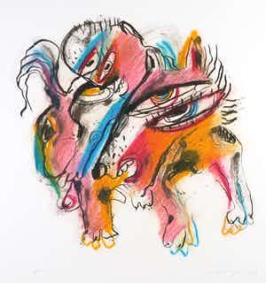 Henk Vierveijzer - Met pastelkrijt bewerkte litho, Z.T. Fantasiewezens verkocht voor € 1!