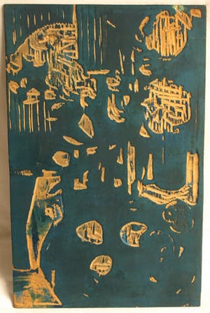 Fon Klement - De 2 dubbelzijdige houten drukblokken van de houtsnede ‘Pioenrozen en appels’ kopen? Bied vanaf 60!