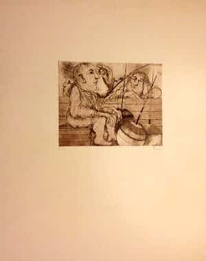 Pim Olivier - (1938), Figuren met dobbers, ets/aquatint, 35/50, 1974 verkocht voor € 35!