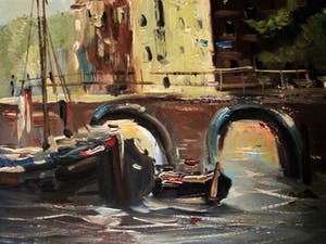 Jan Kelderman - Omstreeks 1950 geschilderd olieverf - Amsterdam boten in de de Brouwersgracht kopen? Bied vanaf 10!