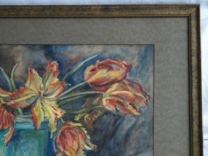 Willem Karel Rees - Aquarel , Stilleven met Tulpen – gesigneerd & ingelijst – ca 1930 kopen? Bied vanaf 45!