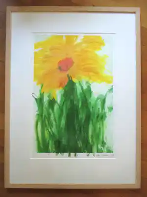 Ellen Meuwese - Monoprint "gele bloemen" in fraaie Barth lijst! verkocht voor € 45!