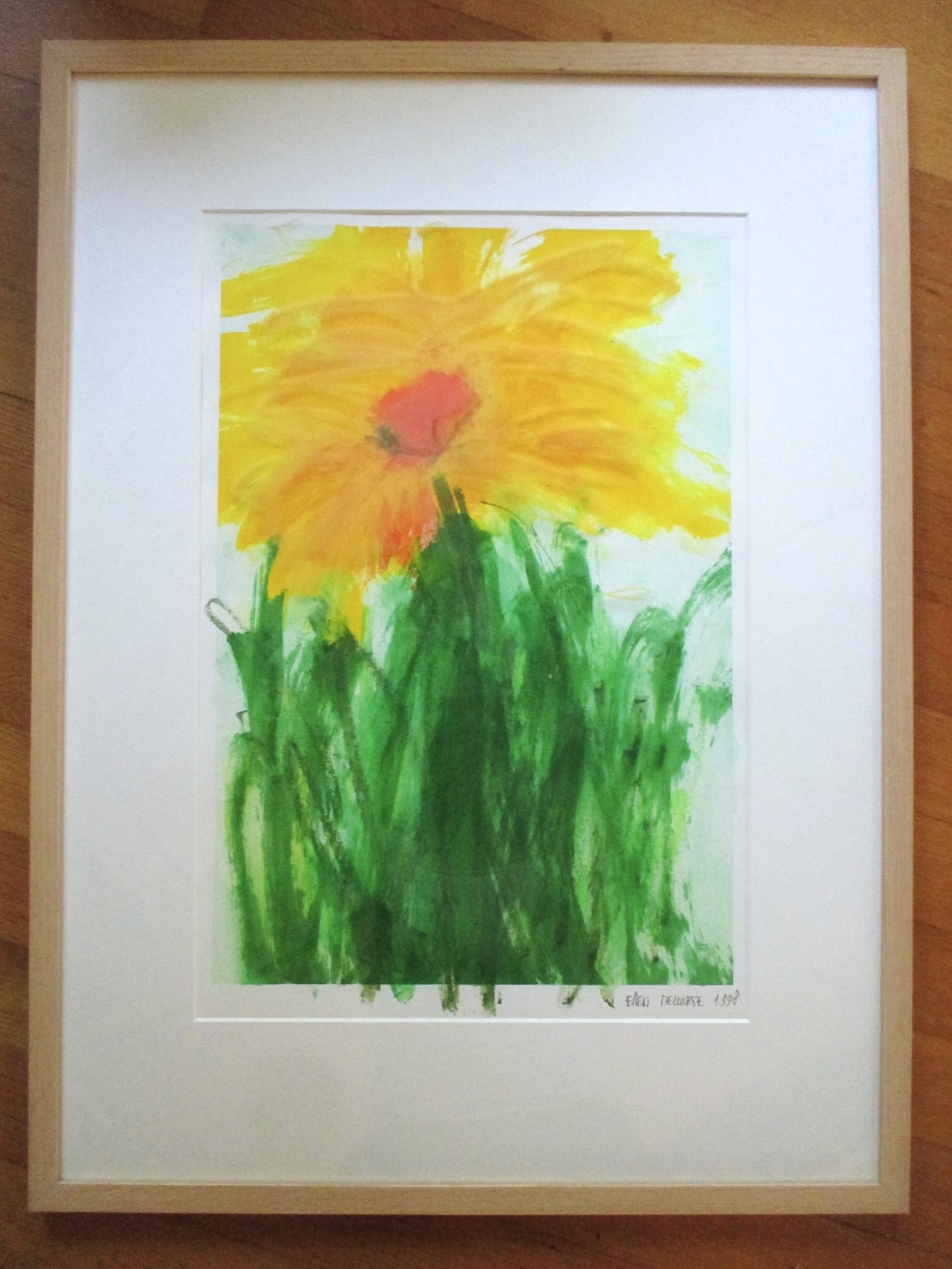 Ellen Meuwese - Monoprint "gele bloemen" in fraaie Barth lijst! verkocht voor € 1!