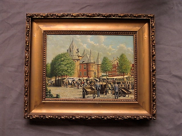 Niet of onleesbaar gesigneerd - Leuk ca. 1920 olieverf "Amsterdam marktdag op Nieuwmarkt" gesigneerd kopen? Bied vanaf 1!