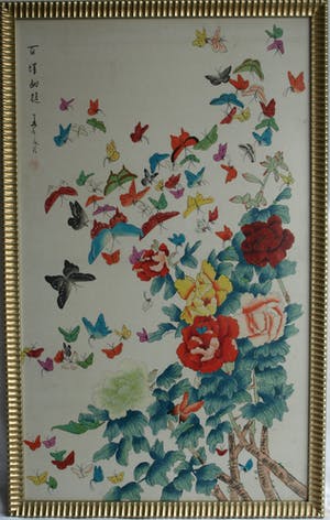 Niet of onleesbaar gesigneerd - Grote ingelijste aquarel op zijde , Japans , Vlinders – 100 x 62 cm kopen? Bied vanaf 1!