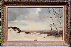 Jo Schrijnder - Vliegende eend in duinlandschap, olieverf op doek (netjes ingelijst, groot) kopen? Bied vanaf 975!