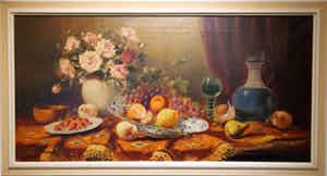 Tilly Moes - Tafel met bloemen, fruit, wijnglas en karaf verkocht voor € 150!