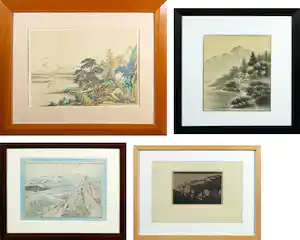 Katsushika Hokusai - Ando Hiroshige, e.a., Lot van vier Japanse kunstwerken - Ingelijst verkocht voor € 50!