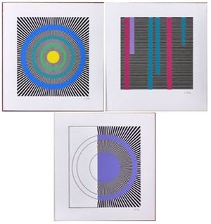 Isia Leviant - Drie handgesigneerde zeefdrukken: Geometrische Composities Op-Art I, II, III kopen? Bied vanaf 35!
