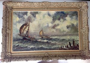 Willem Bos - Platbodems op woelige zee - Olieverf op Doek, Klassieke, grote lijs kopen? Bied vanaf 299!