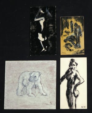 Pieter Haan - Acryl op karton, Lot van vier figuren en dier kopen? Bied vanaf 1!