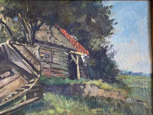 Frans Hoos - Landschap met schuur en praam kopen? Bied vanaf 50!