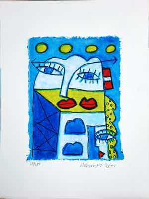 Hannes Kuiper - Geen titel - vrolijke en kleurrijke zeefdruk 26/160 - 21961 verkocht voor € 50!