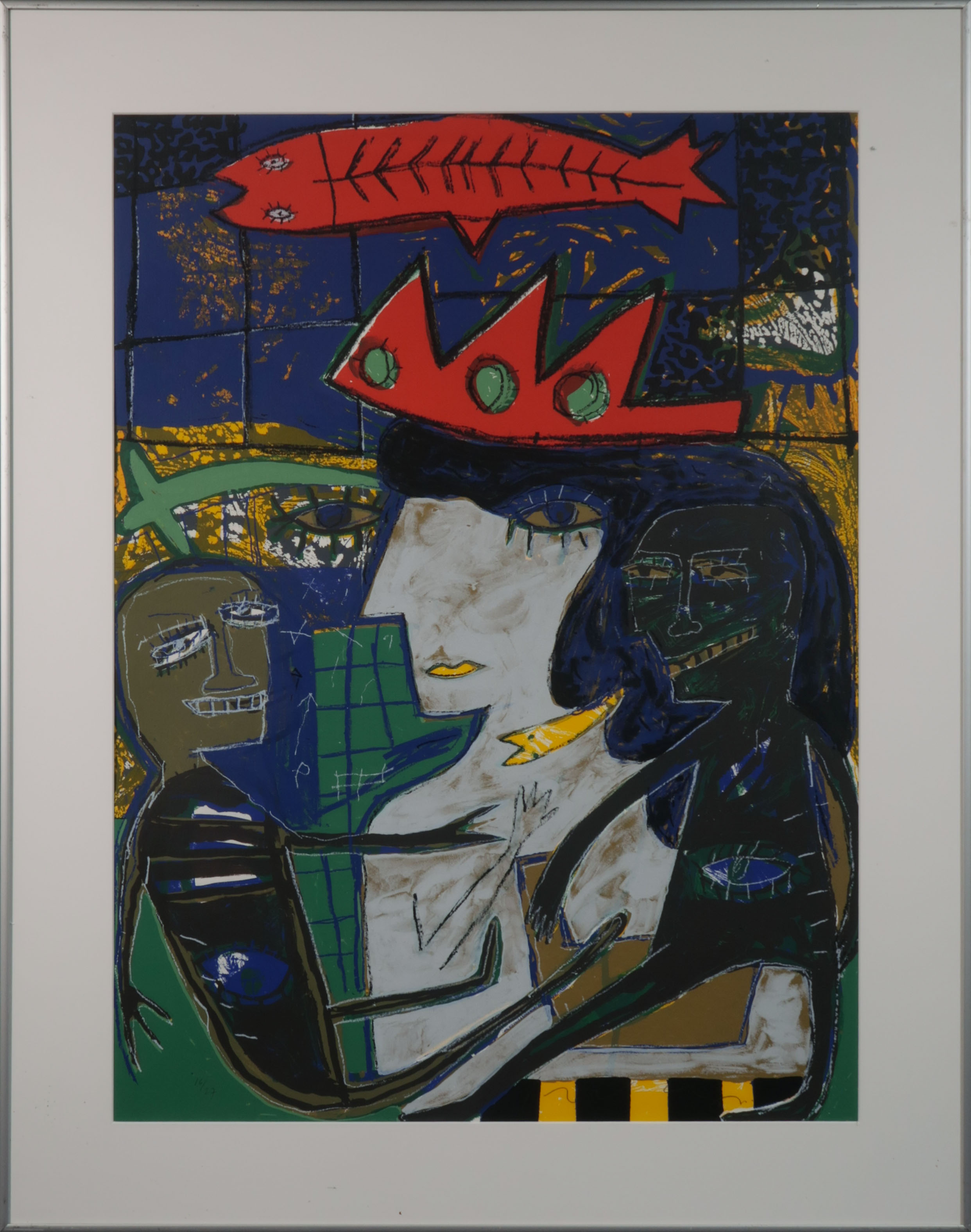 Dodog Soeseno - Zeefdruk, (Royal) Family with Red Fish - Ingelijst verkocht voor € 35!