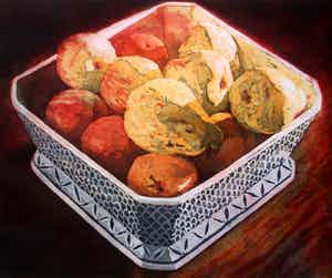 Marcel Schellekens - ingelijste ets - schaal met appels en peren - 1996 (mooi ingelijst) verkocht voor € 99!