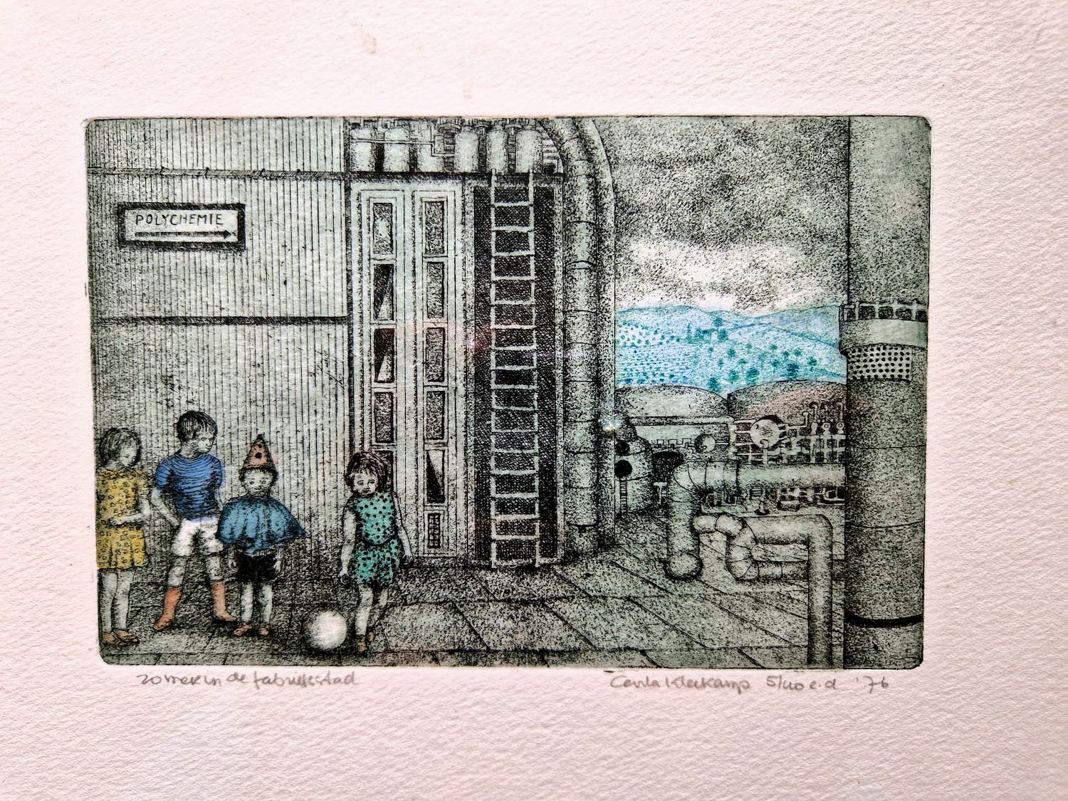 Carla Kleekamp - Leuke kleine oplage (40) kleuren ets - zomer in fabrieksstad - gesigneerd kopen? Bied vanaf 1!