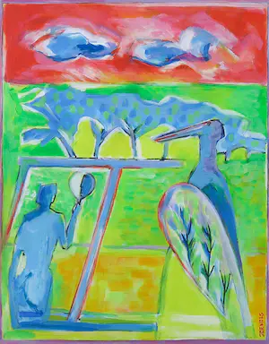 Joe Wols - Olieverf op papier, Figuur en vogel - Ingelijst kopen? Bied vanaf 1!