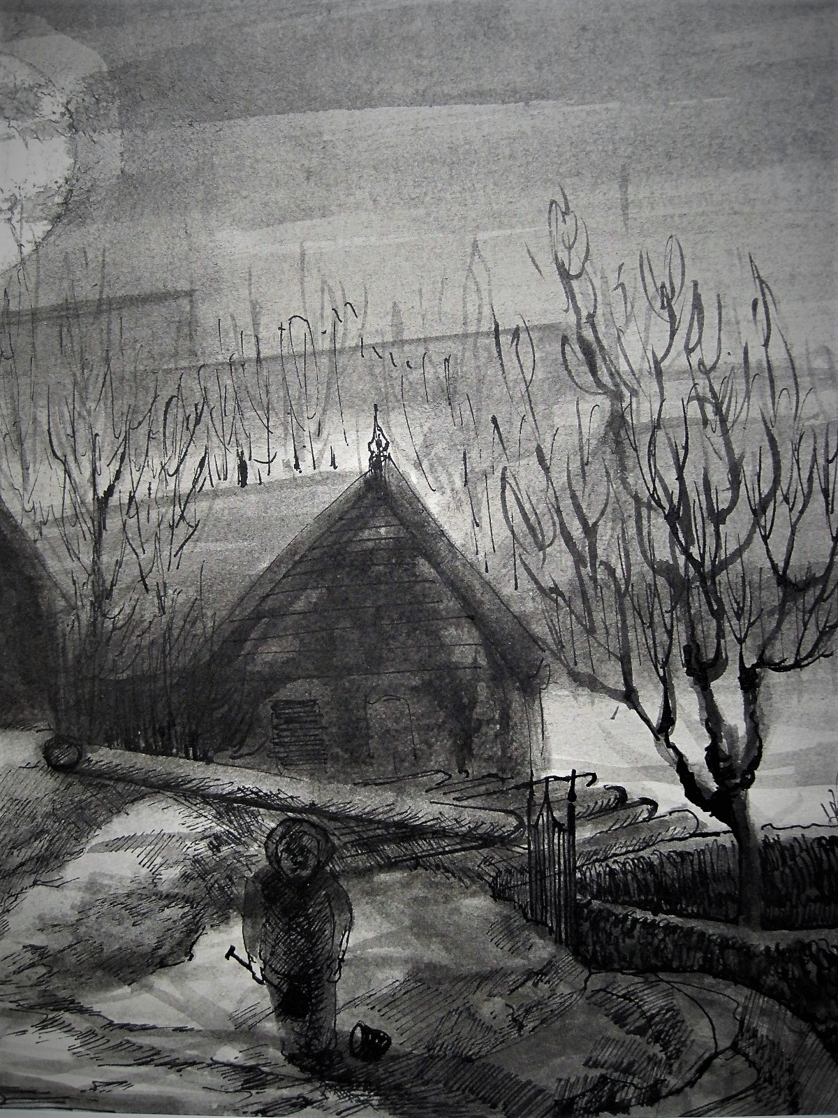 Theo Ros - Intrigerende Sepia "persoon in maanlicht in de sneeuw" gesigneerd kopen? Bied vanaf 1!