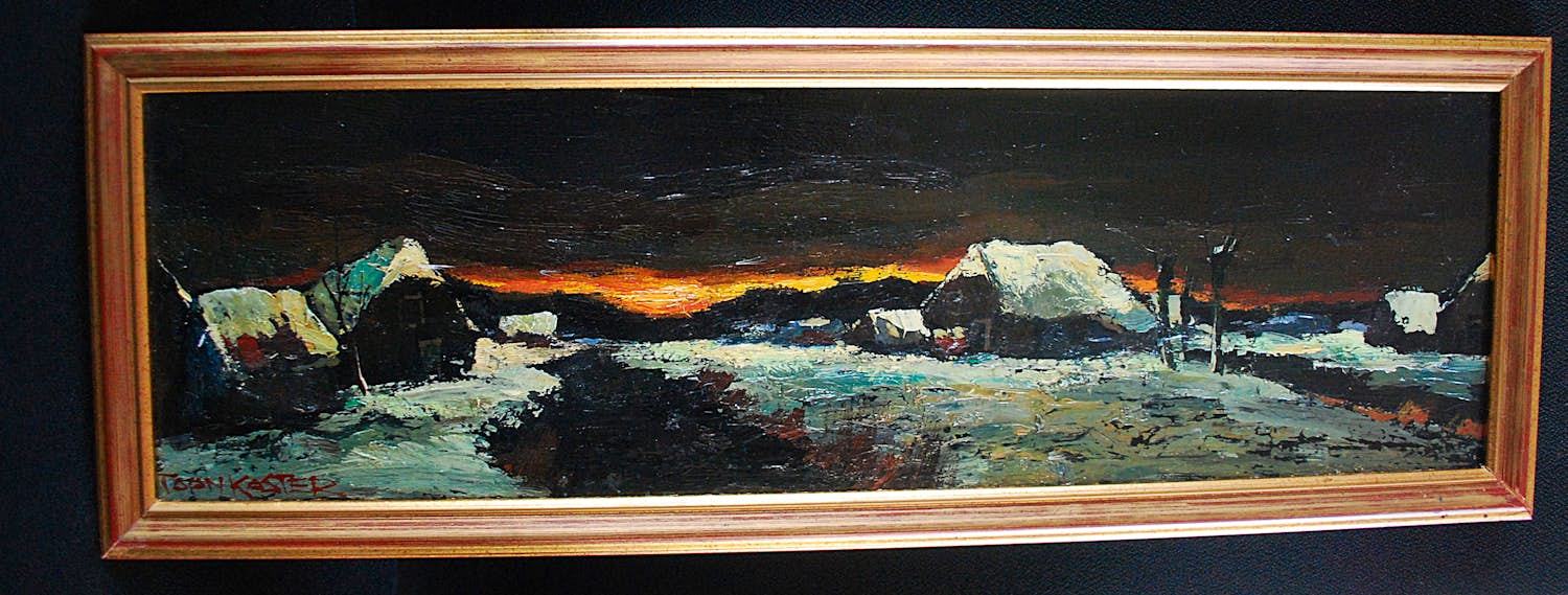 Toon Koster - Platteland in maanlicht - breed olieverfschilderij, 20x58 cm verkocht voor € 100!
