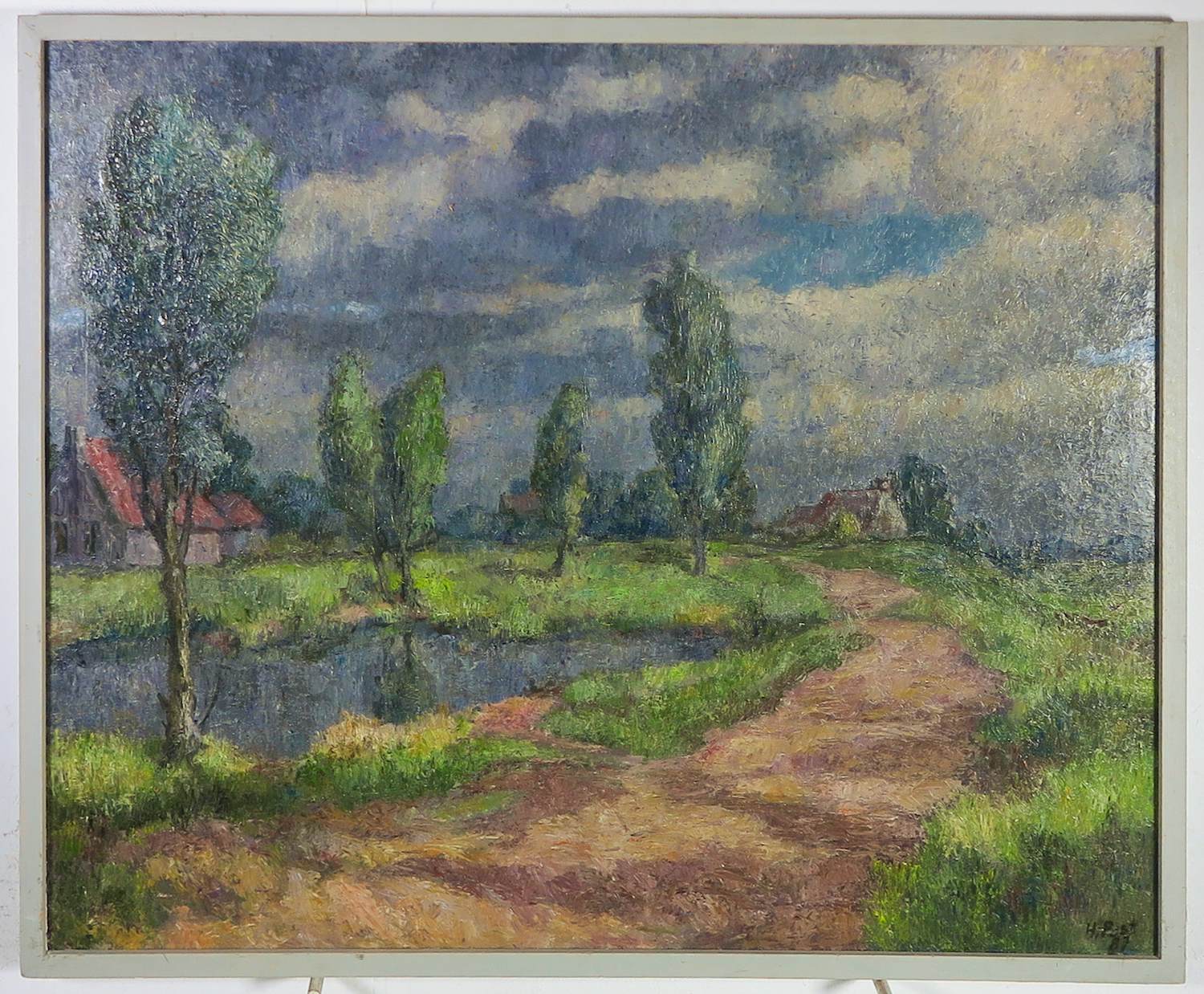 Harmen Klaas Post - Olieverf op paneel, Landschap met wiel - Ingelijst kopen? Bied vanaf 150!