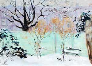 Frida Holleman - olieverf op board: besneeuwde tuin verkocht voor € 1075!