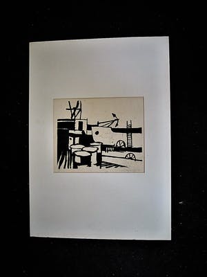Hans Bernard - protege Klaas Drupsteen- gesigneerde Linosnede "Haven scheepswerf" 1963 kopen? Bied vanaf 10!
