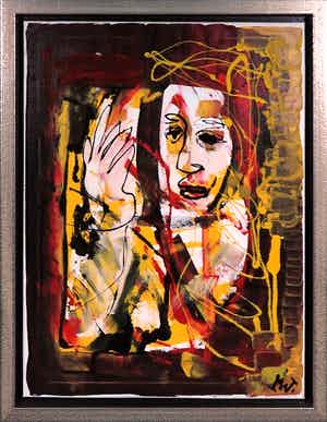 Martin van Wordragen - Gemengde techniek op doek, Wuivende dame in venster - Ingelijst verkocht voor € 250!