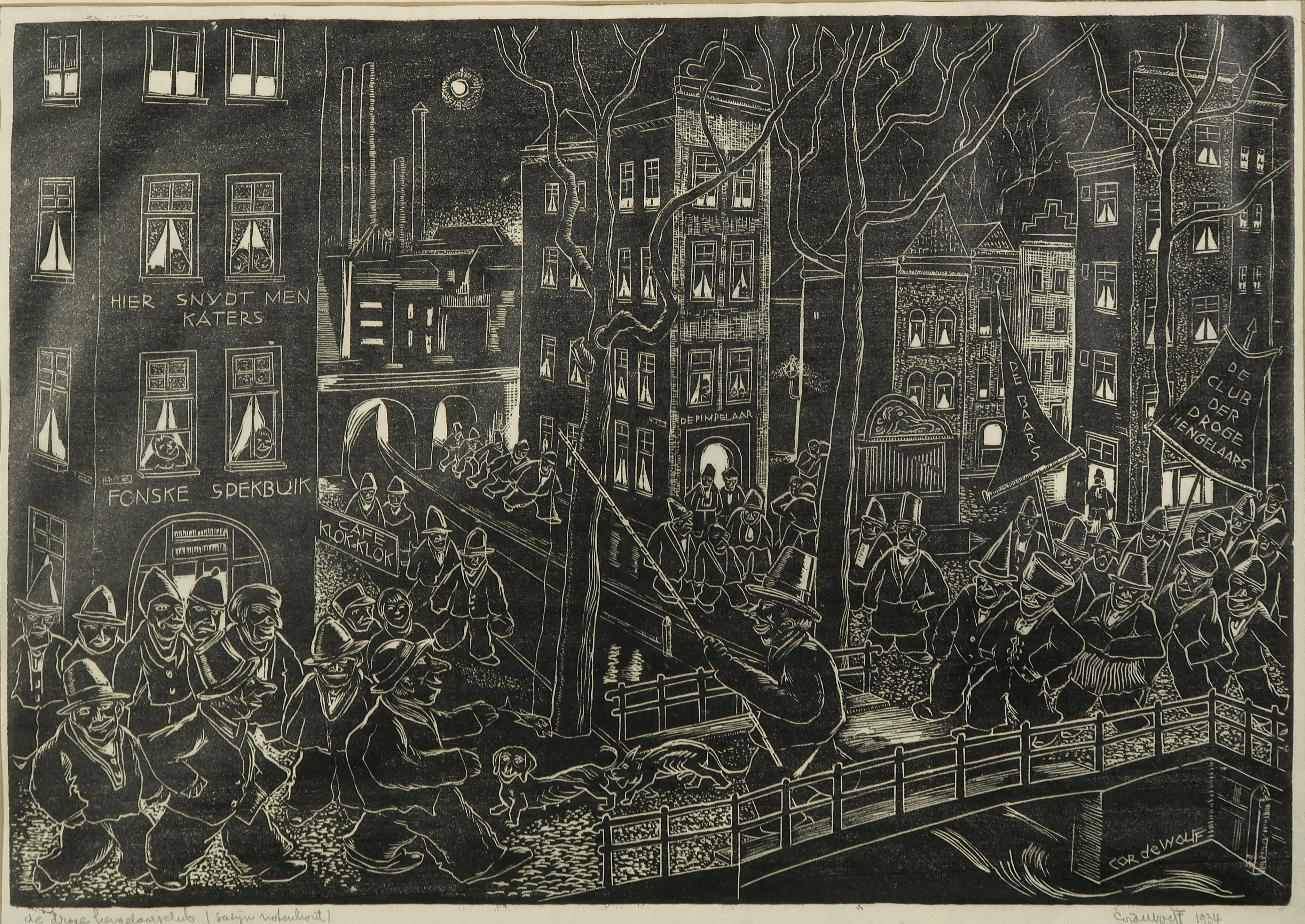 Cor de Wolff - Houtsnede op zeer dun geschept papier, De droge hengelaarsclub verkocht voor € 35!