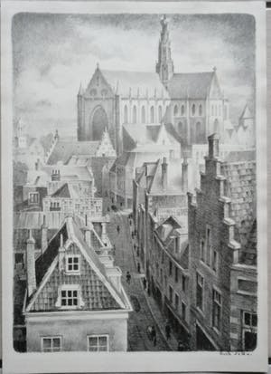 Huib de Ru - Grote Houtstraat met Sint Bavokerk te Haarlem kopen? Bied vanaf 40!