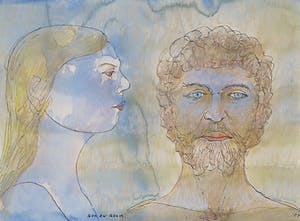 Niet of onleesbaar gesigneerd - Gemengde techniek op papier, Evan en Adam kopen? Bied vanaf 1!