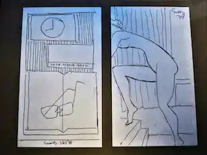 Siep van den Berg - Twee (2) in 1978 gemaakte Inkt tekeningen "Leesbril / Naakt op trap" ingelijst verkauft für € 45!