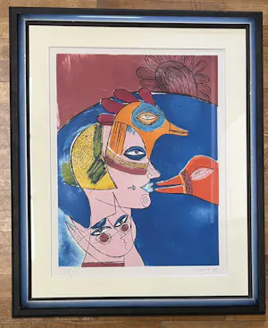 Corneille - Ingelijste antieke ets: Spel tussen katten en vogels, 1978 kopen? Bied vanaf 800!