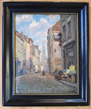 Cor Visser - Straatje met figuren in oud Middelburg. verkocht voor € 150!