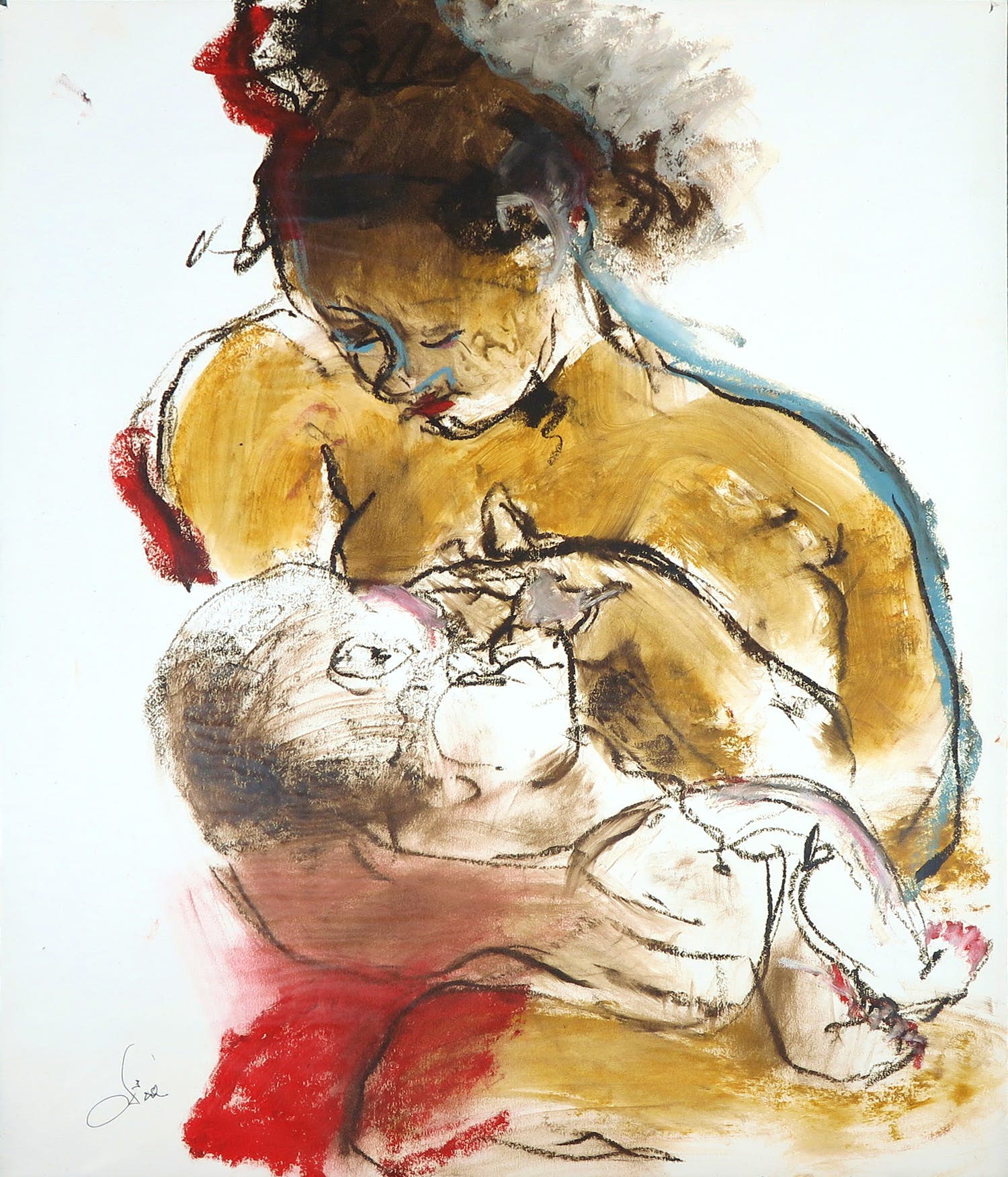 Franscz Witte - Gemengde techniek op papier, Vrouw met baby kopen? Bied vanaf 1!