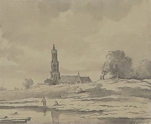 Arnoldus Johannes Eymer - Aquarel, Landschap met kerktoren - Ingelijst kopen? Bied vanaf 1!