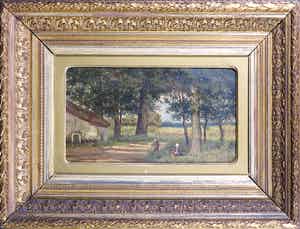 Niet of onleesbaar gesigneerd - Olieverf op doek, Boerenerf - Ingelijst verkocht voor € 10!