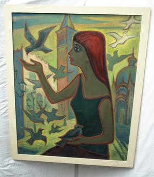 Klaas Pijlman - Olieverf op doek , “Duivenmeisje Venetië” – GROOT - ingelijst – 1962 kopen? Bied vanaf 150!