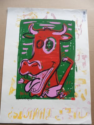Peter Klashorst - Zeefdruk, titel. "Mad Cow Green". kopen? Bied vanaf 35!