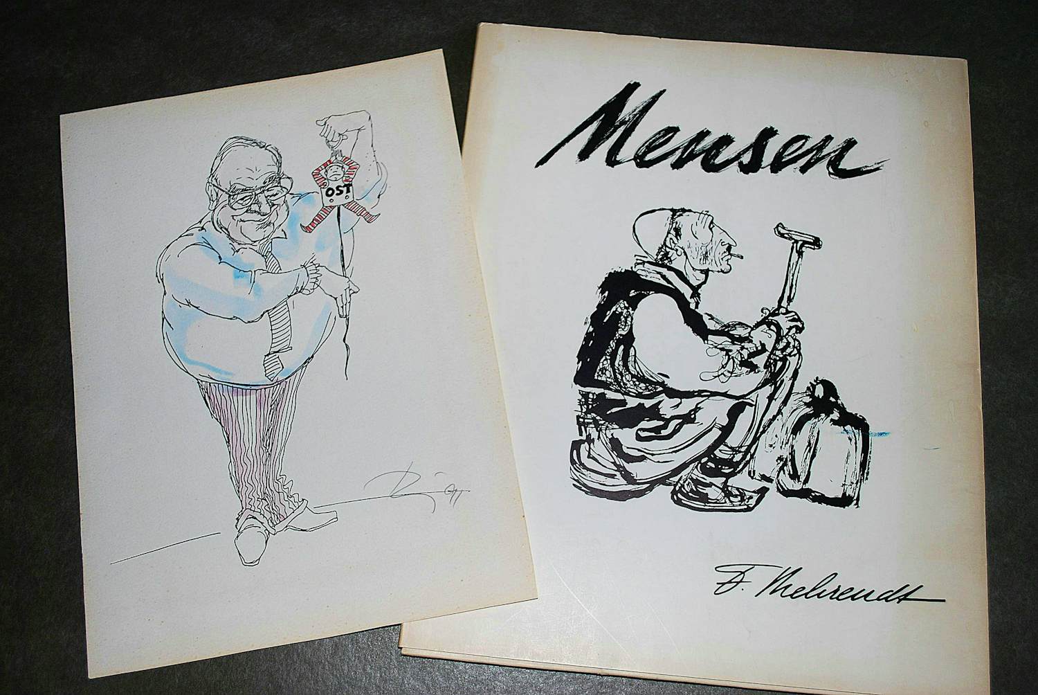 Fritz Behrendt - 24 tekeningen in map (gesigneerd) & originele (onbekende) tekening Helmut Kohl verkocht voor € 50!