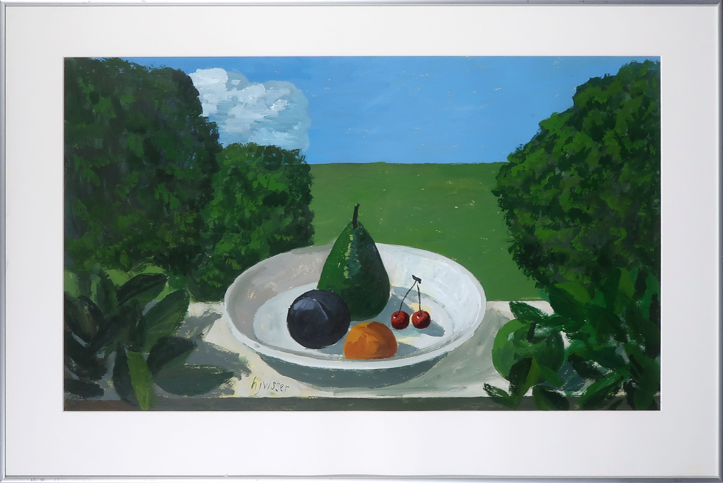 Hendrik Jan Visser - Acryl op papier, Bord met fruit - Ingelijst kopen? Bied vanaf 20!