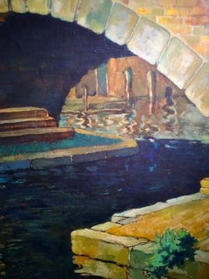 Niet of onleesbaar gesigneerd - 'bridge over calm water', olieverf op houten paneel kopen? Bied vanaf 1!