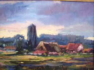 Ricky Damen-Vereijken - Landschap met toren. verkocht voor € 50!