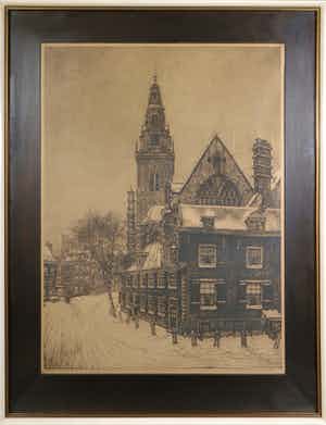 Cornelis Brandenburg - Ets, Oude Kerk te Amsterdam - Ingelijst verkocht voor € 70!