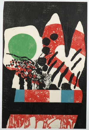 Jef Diederen - Houtsnede op Japans papier, Compositie in groen, rood en blauw - Ingelijst kopen? Bied vanaf 80!