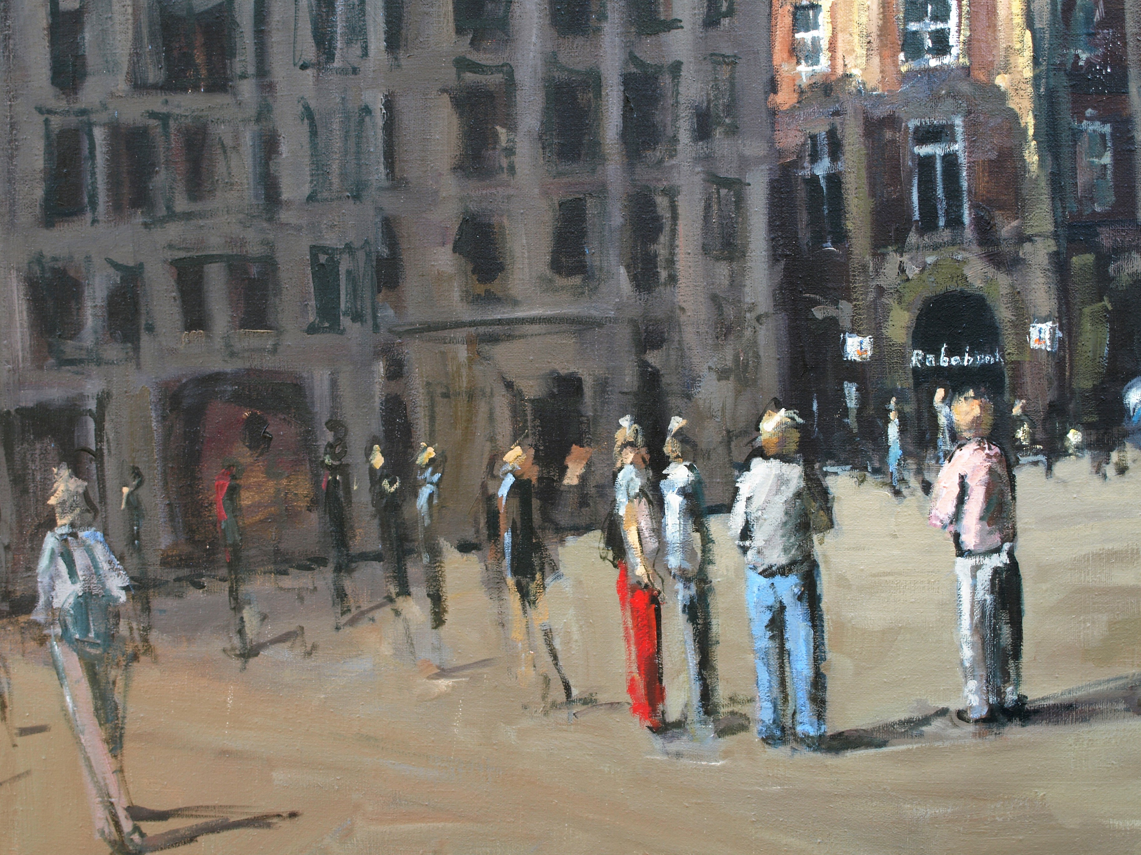 Niet of onleesbaar gesigneerd - Acrylverf op doek – De Dam in Amsterdam – 145 x 160 cm  kopen? Bied vanaf 1!
