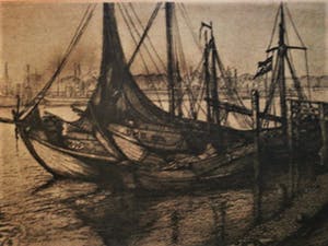 Jan Schonk - GROTE gesigneerde ets "Botters in Haven IJmuiden" omstreeks 1930 kopen? Bied vanaf 1!