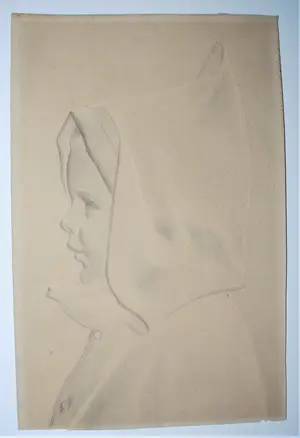 Pier Pander - Potloodtekening - portret van kind met cape kopen? Bied vanaf 200!