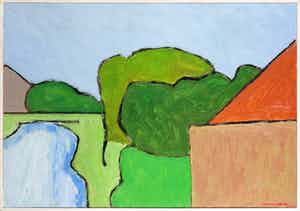 Paul Overhaus - Olieverf op board, Rood dak - Ingelijst verkocht voor € 60!