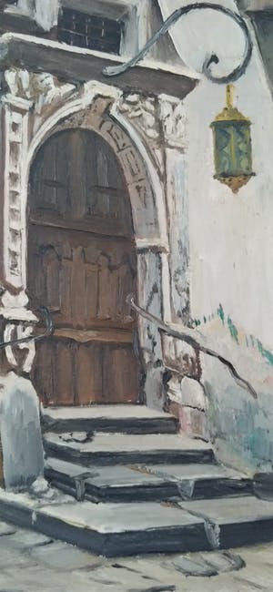 Niet of onleesbaar gesigneerd - olieverf, sfeervol beeld van oude straat kopen? Bied vanaf 1!